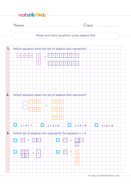 6th Grade Math worksheets - using algebra tiles to solve one-step equations