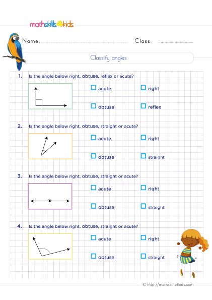 6th Grade 2D geometry worksheets: Shapes and their properties - naming angles - types of angles