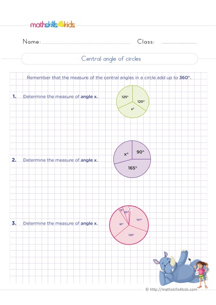 6th Grade 2D geometry worksheets: Shapes and their properties - Central angle of circles