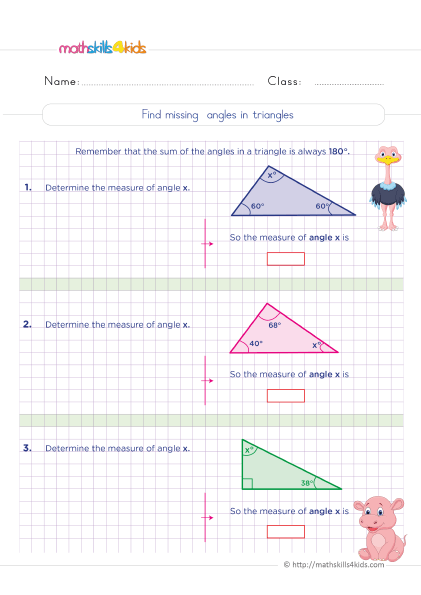 6th Grade 2D geometry worksheets: Shapes and their properties - Find missing angles in triangles
