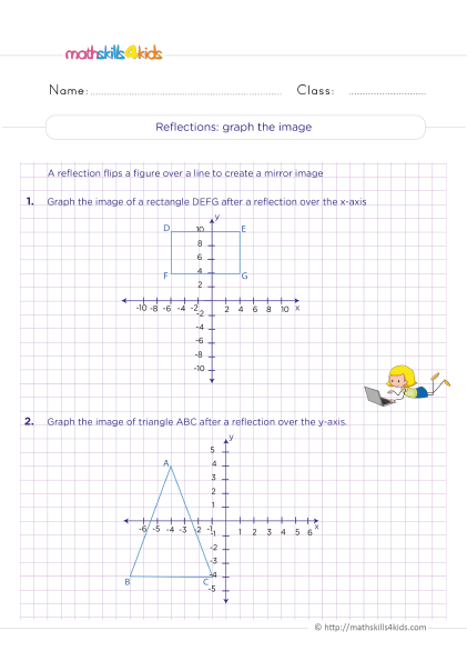 6th Grade Math worksheets - Reflections graph the image - Graph reflection across axes