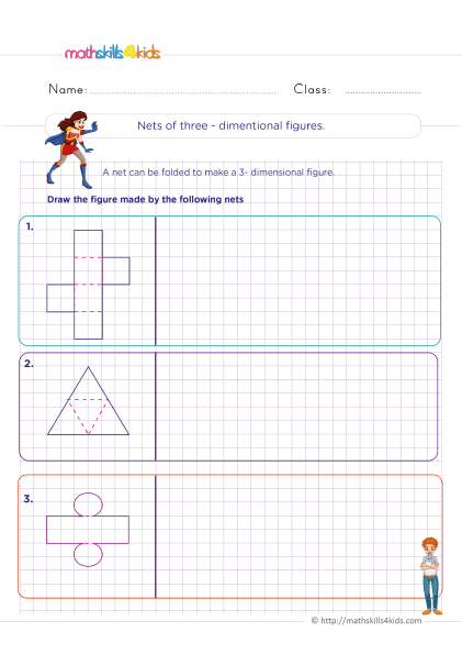 6th Grade Math Worksheets: Properties and Characteristics of 3D Shapes - Nets of three-dimension figures