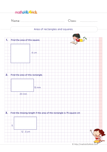 6th Grade geometry worksheets: Perimeters, surface area, and volume measurements - How to find area of rectangles and squares