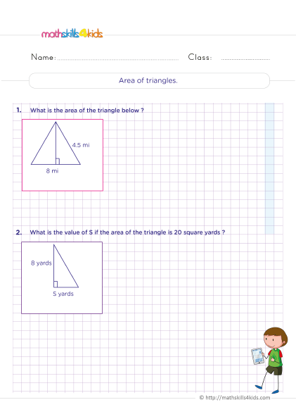 6th Grade geometry worksheets: Perimeters, surface area, and volume measurements - How do I fing area of triangles