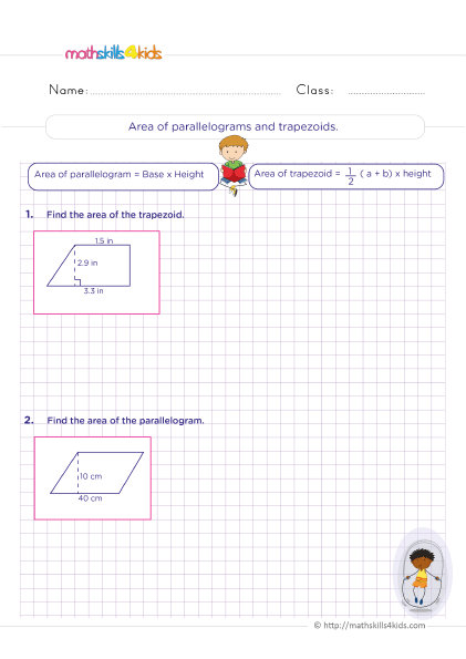 6th Grade geometry worksheets: Perimeters, surface area, and volume measurements - Calculate area of parallelograms and trapezoids