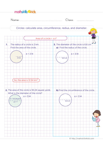 6th Grade geometry worksheets: Perimeters, surface area, and volume measurements - Calculate area, circumference, radius and diameter of circle