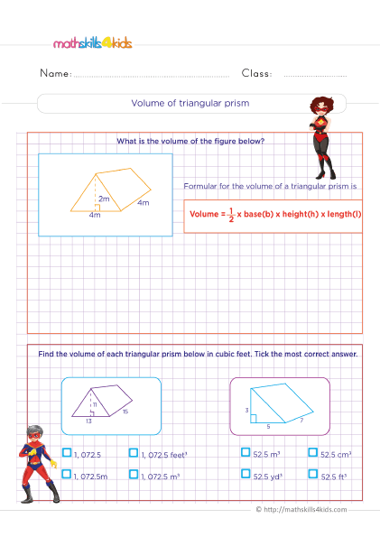 6th Grade geometry worksheets: Perimeters, surface area, and volume measurements - Finding volume of triangular prism