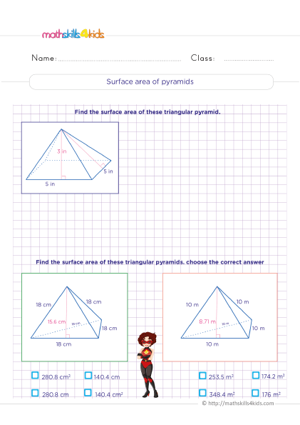 6th Grade Math worksheets - Surface area of a square-based pyramid and triangular pyramid
