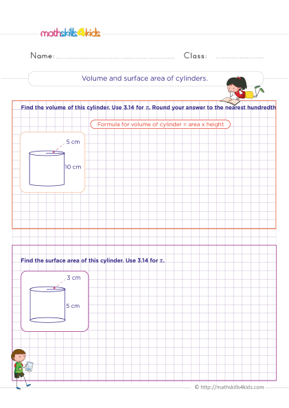6th Grade geometry worksheets: Perimeters, surface area, and volume measurements - How do I find volume and surface area of cylinders
