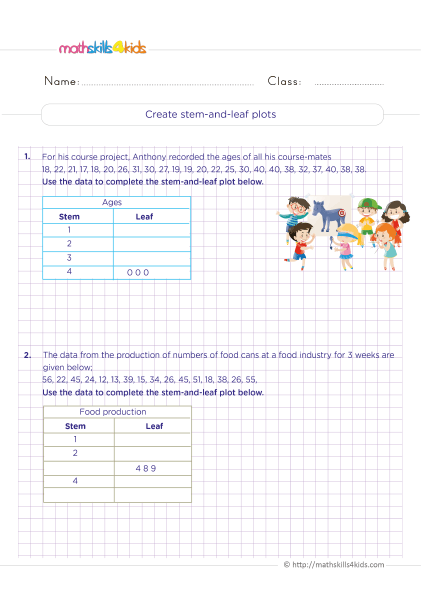 6th Grade Math worksheets - How to make a stem-and-leaf plot