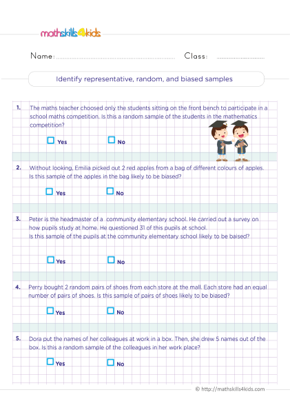Grade 6 Statistics Worksheets PDF: Statistical Questions with Answers - Identify representative random and biased samples