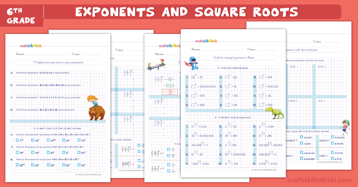 sixth grade math worksheets - exponents and square roots worksheets