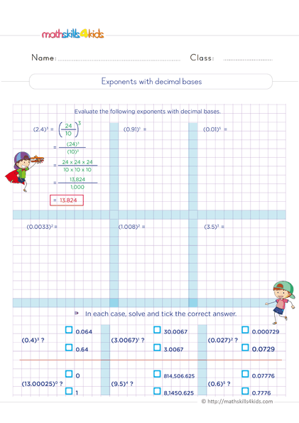 6th Grade exponents and square roots worksheets: Free & Printable - Exponeents with decimal bases