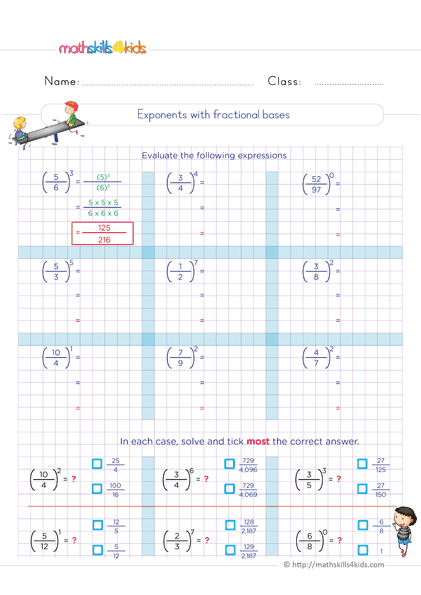6th Grade exponents and square roots worksheets: Free & Printable - Exponenets with fractional bases