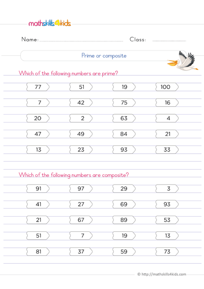 6th Grade number theory worksheets: Free and Printable - What are the prime and composite numbers from 1 to 100