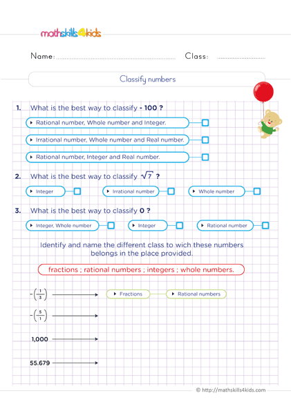 6th Grade number theory worksheets: Free and Printable - classify numbers - Difference between whole numbers, rational numbers and integers