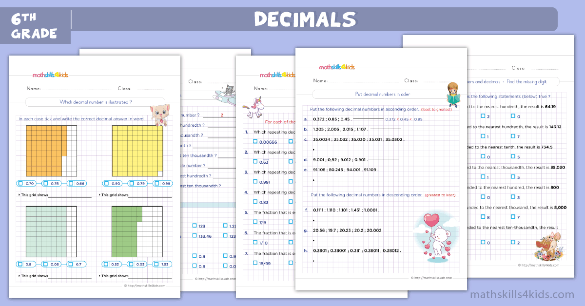 6th grade math worksheets - decimals worksheets