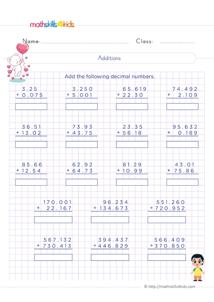 6th Grade decimal addition and subtraction: Free printable worksheets - Addition of decimals practice