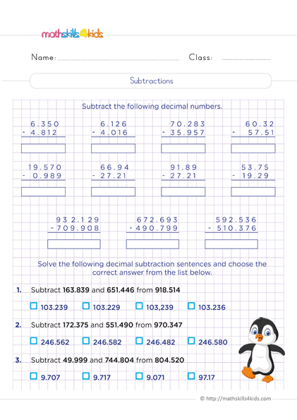 Adding and Subtracting Decimals Worksheets PDF for 6th Grade - Math