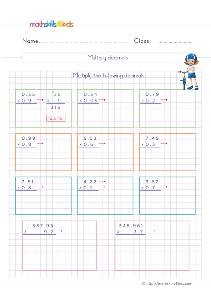 6th Grade Math worksheets - Multiplying decimal numbers
