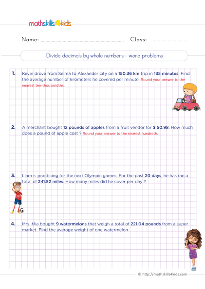 6th Grade math: Multiplying and dividing decimals worksheets - Divide decimals by whole numbers word problemss