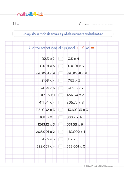 Multiplying and Dividing Decimals Worksheets 6th Grade PDF - inequalities with decimals by whole numbers multiplication
