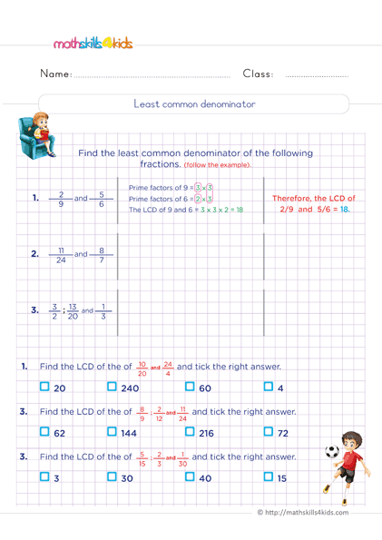 Mixed Numbers and Fractions Worksheets 6th Grade PDF - How to find the least common denominator