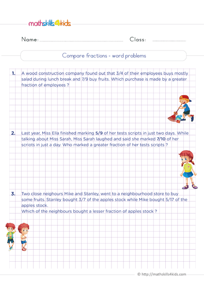 6th Grade mixed numbers and fractions worksheets - Comparing fractions word numbers