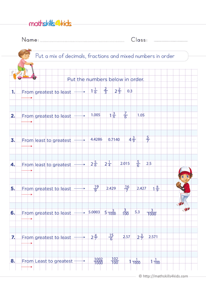6th Grade mixed numbers and fractions worksheets - Ordering fractions and decimals