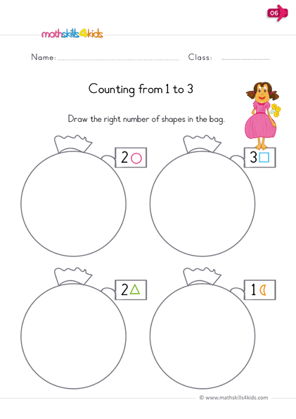 kindergarten math worksheets - count objects up to 3 - draw the require number of shapes in the bag