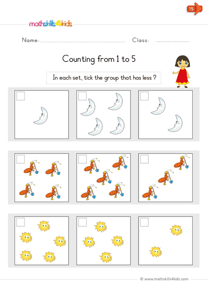 kindergarten math worksheets - count objects up to 5 - which one has less