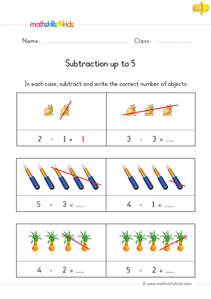 Kindergarten math: Subtracting within 5 worksheets with models