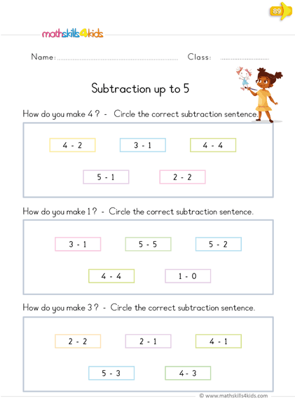 kindergarten math worksheets - subtraction up to 5 - match each difference with the correct subtraction sentence