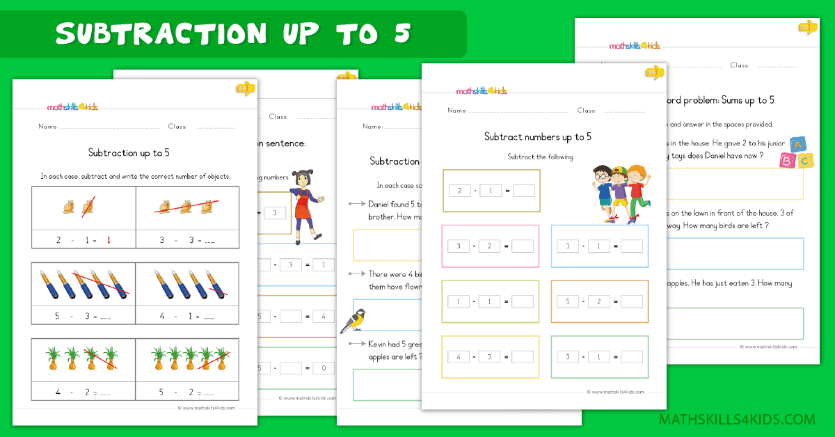Kindergarten math worksheets - subtraction up to 5 worksheets