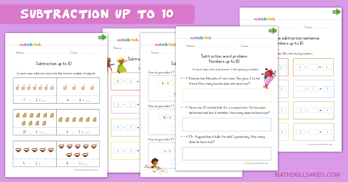 Kindergarten math worksheets - subtraction up to 10 worksheets