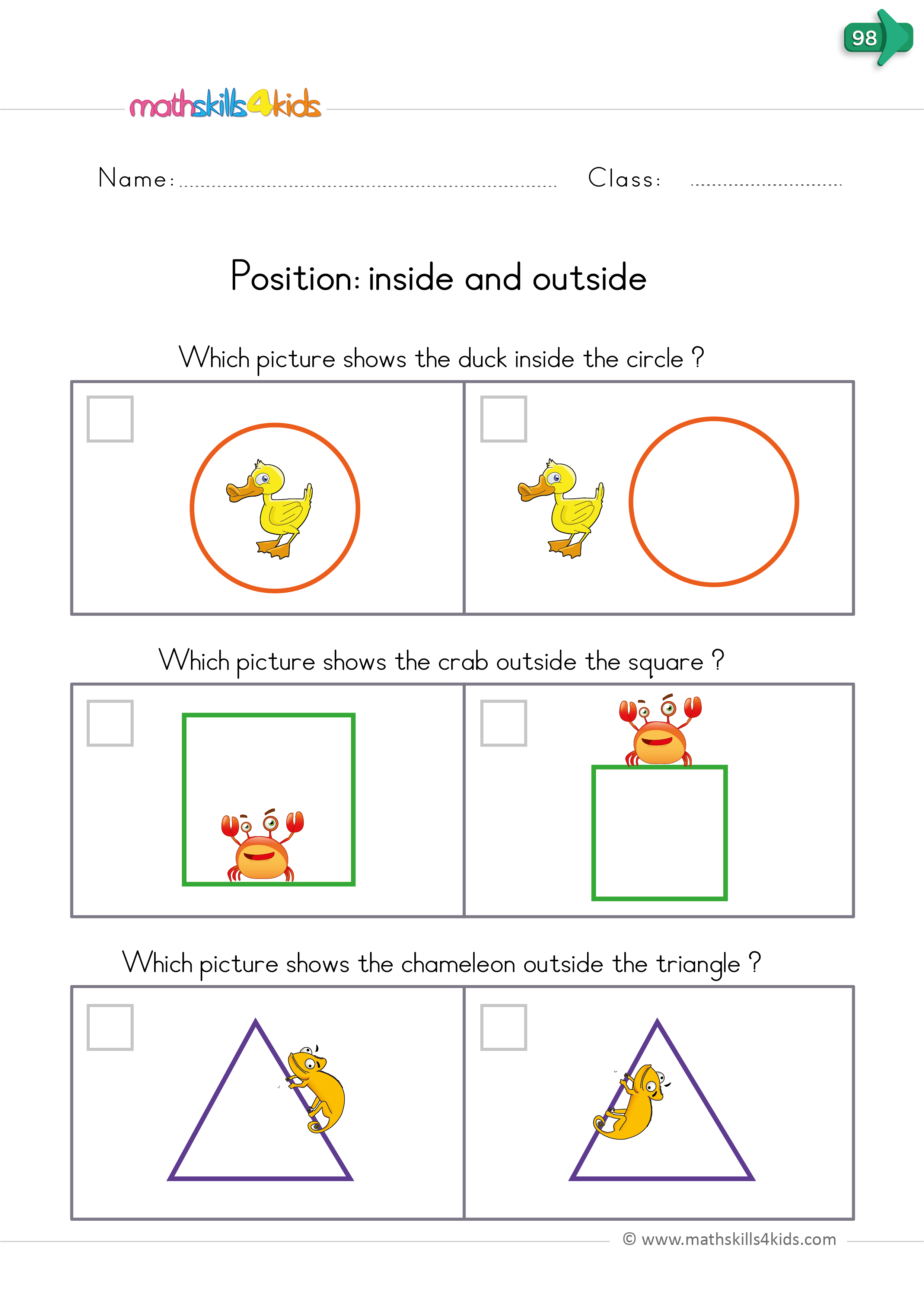 position worksheets - inside and outside