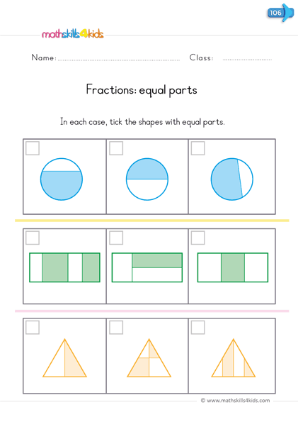 kindergarten math worksheets - fraction worksheets pdf find equal parts