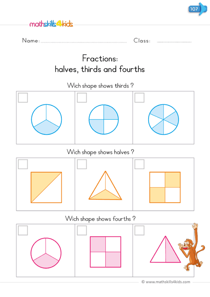 fractions worksheets - identify halves thidrs fourths