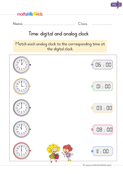 kindergarten math worksheets - Matching digital and analog clock
