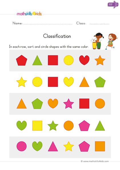 kindergarten math worksheets - sort and classify worksheets pdf - Sorting and classifying shapes by color