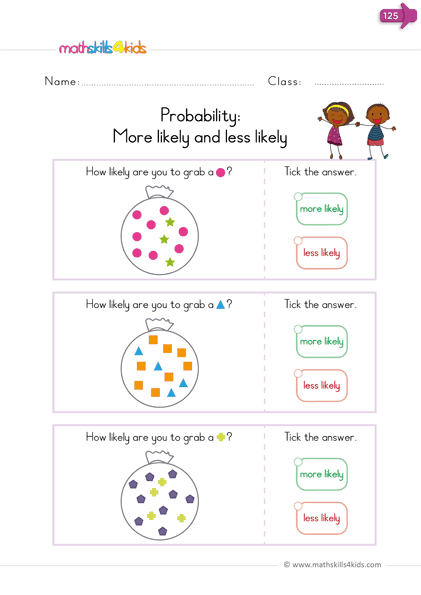 probability worksheets - less/more likely