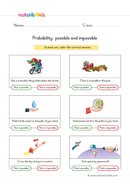 Probability Worksheets for Kindergarten - possible and impossible