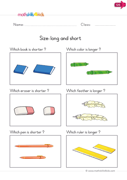 kindergarten math worksheets - measurement worksheets pdf short and long