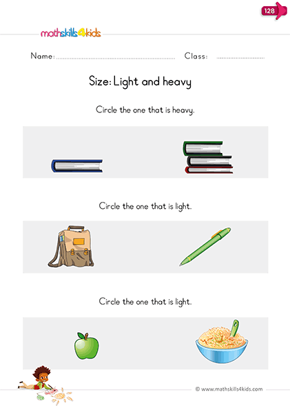 kindergarten measurement worksheets - light and heavy