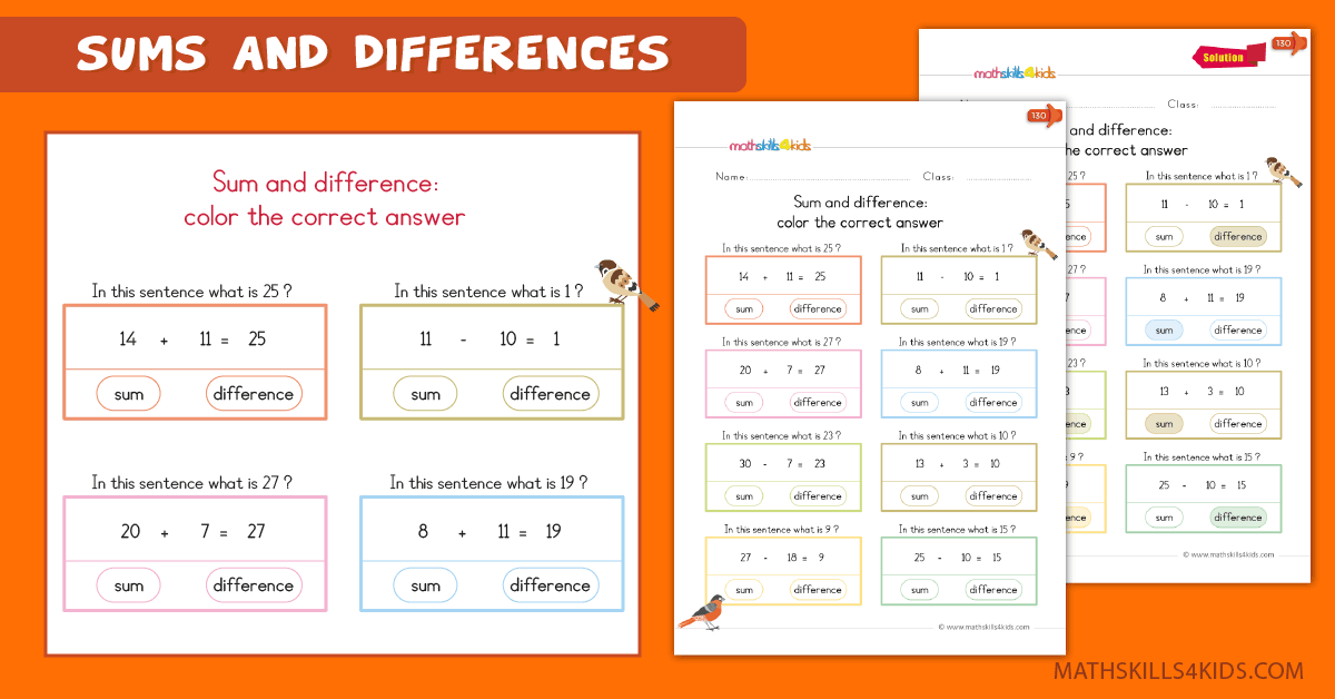 Kindergarten math worksheets - sums and differences worksheets