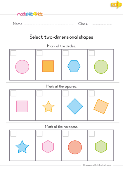 kindergarten math worksheets - Identifying 2D shapes Worksheets