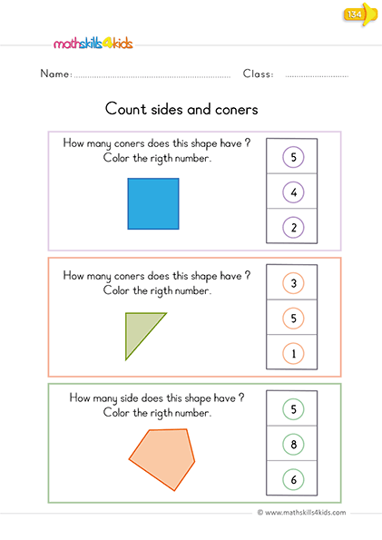 Two-dimensional Shapes Worksheets for Kindergarten - Counting sides and corners