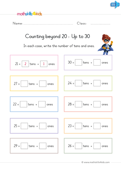kindergarten math worksheets - write tens and ones up to 100