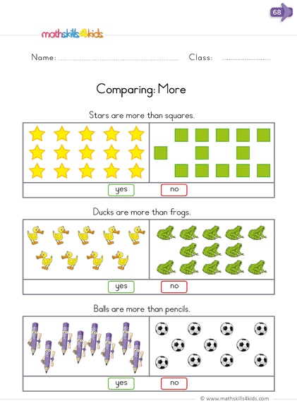 kindergarten math worksheets - comparison worksheets - comparing numbers - which group as more