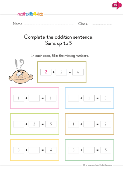 Free printable kindergarten worksheets for addition up to 5 - complete addition sentence